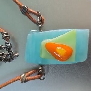 Handcrafted Blue and Orange Pendant Necklace,leather Strap.